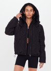 THE UPSIDE women's black Montana Insulated Jacket features a detachable hood, stand collar with branded zipper, ribbed cuffs, fleece-lined pockets, elasticated and adjustable hem and an internal pocket.