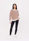 THE UPSIDE women's striped Boo Knit Sweater is made from organic cotton. The cream and tan striped Knit features a soft rib cuff, neck and hem. Designed for leisure and recovery.