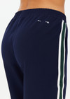 THE UPSIDE women's navy Mansi Paxton Tapered pant is made in recycled fabric to create a slim and lightweight effect. The tapered pant is water resistant and fitted with an elasticated waistband and front pockets. Designed for golf.