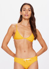 THE UPSIDE women's yellow marigold Dunes Rhoda Fixed Tri bikini top is made from recycled textured rib fabric with moisture wicking properties and features adjustable straps, metal clip back opening.