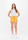THE UPSIDE women's yellow Dunes Era Short is made from recycled fabric for a quick drying and 4 way stretch effect, with an internal mesh brief. The run short features an elasticated waistband and side seam pockets along with a back patch pocket. Designed for running.