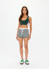 THE UPSIDE women's Portobello Malik Crochet Short is hand crocheted in a two tone design of green and white. The relaxed elasticated waist short is fitted with a white waistband with drawcord. Designed for activity golf.