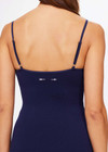 THE UPSIDE women's navy Seamless Hailey Tank Top is made from recycled fabric. The seamless mini cable rib tank is form fitting with a shelf bra and bra cups for support and adjustable straps for the perfect fit. Designed for yoga, pilates and barre.