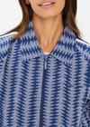 THE UPSIDE women's blue striped Joie Pari Zip Jacket is a jacquard zip through sports jacket, featuring knitted navy and cream stripe tape down sleeves for style and welt pockets and ribbed hem and cuffs for comfort. Designed for leisure and recovery.