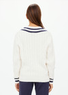THE UPSIDE women's white Josette V Neck cable knit Sweater is made from 100% organic cotton. It features a v shaped neckline, ribbed contrast navy stripes cuffs, hem and neckline.