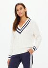 THE UPSIDE women's white Josette V Neck cable knit Sweater is made from 100% organic cotton. It features a v shaped neckline, ribbed contrast navy stripes cuffs, hem and neckline.