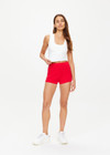 THE UPSIDE women's red Montana Bisou Knit Short is made from recycled fabric. The mid-rise shorts features knitted side stripes. Designed for lifestyle wear.