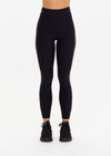 THE UPSIDE women's black Saloon 25 inch high midi legging, made from recycled soft peached, features an embroidered western inspired stitch in cream down sides and breathable, quick drying and soft fabric.