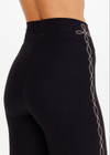 THE UPSIDE women's black Saloon 25 inch high midi legging, made from recycled soft peached, features an embroidered western inspired stitch in cream down sides and breathable, quick drying and soft fabric.