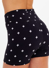 THE UPSIDE women's printed Satellite 4 inch High Spin Short is made from jacquard. The bike short features high rise waist. Designed for yoga and pilates.