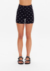 THE UPSIDE women's printed Satellite 4 inch High Spin Short is made from jacquard. The bike short features high rise waist. Designed for yoga and pilates.