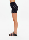 THE UPSIDE women's printed Satellite 4 inch High Spin Short is made from jacquard. The bike short features high rise waist. Designed for yoga and pilates.