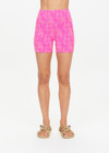 THE UPSIDE women's pink Nevada 4 inch Spin Short is made from specialty fabric. The high rise bike short features v panel waistband. Designed for yoga and pilates.