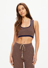THE UPSIDE women's beige and navy geometric print Crossroad Alma Knit Crop Top is made with an organic cotton blend knit jacquard and features a scoop neckline.