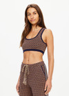 THE UPSIDE women's beige and navy geometric print Crossroad Alma Knit Crop Top is made with an organic cotton blend knit jacquard and features a scoop neckline.