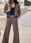 THE UPSIDE women's beige and navy geometric print Crossroad Juniper Knit straight leg Pant is made with organic cotton and feature pockets and a split hem.