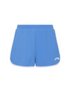 THE UPSIDE women's blue 70s style Wrangler Callie Run Short is made from recycled mesh fabric and features an internal short, elastic waist and side pockets.