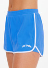 THE UPSIDE women's blue 70s style Wrangler Callie Run Short is made from recycled mesh fabric and features an internal short, elastic waist and side pockets.