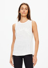 THE UPSIDE women's white Knitted Logo Tara Tank Top is made from linen. The relaxed tank top features embroidered logo. Designed for comfort.