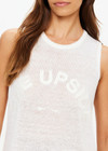 THE UPSIDE women's white Knitted Logo Tara Tank Top is made from linen. The relaxed tank top features embroidered logo. Designed for comfort.