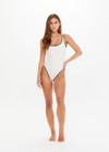 THE UPSIDE women's cream Poolside Gossip Scoop One Piece is made from recycled fabric. The one piece features front and back scoop neckline. Designed for swim.