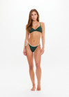 THE UPSIDE women's green Sunbathing in Capri Tie Pant is made from recycled fabric. The tie side bikini bottom features contrast cream tie. Designed for swim.