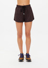 THE UPSIDE women's recycled black and brown check Technica Era Short is a quick drying run short featuring internal mesh brief and side seam pockets. Ideal for high impact and running.
