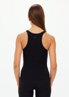 THE UPSIDE women's black Asher Racerback Tank Top is a rib fabrication with built in shelf bra and removable cups. Ideal for yoga and pilates.