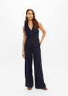 THE UPSIDE women's navy pinstripe merino Wool Jackie V Neck Waistcoat is a fully lined slim fitting suiting fabrication with an adjustable waist belt at the back.