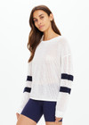 THE UPSIDE women's creme organic cotton Fenway Sebastian Knit Crew is designed for a relaxed fit and features ribbed neckline and cuffs with The Upside 7 logo on back.