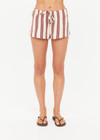 THE UPSIDE women's stripe organic cotton Baja Lucie Drawstring Short has a low-rise cheeky fit, soft elastic waistband, and wooden bead ends on the drawcord. Made for lifestyle.