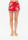 THE UPSIDE women's red Palma Klio Short features contrast turquoise binds on curved hem and waist drawcord with antique brass cord ends. Perfect for travel or everyday.