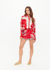 THE UPSIDE women's red Palma Klio Short features contrast turquoise binds on curved hem and waist drawcord with antique brass cord ends. Perfect for travel or everyday.