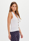 THE UPSIDE women's creme Rosella V Neck Vest has a slim fit with tortoiseshell button closure and beige striped ribbing along the neckline and front. Made for lifestyle.
