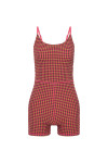 THE UPSIDE women's pink check Aliki Kiva Bodysuit features elastic straps, low cross back, and inner shelf bra with removable cups. Made for yoga and pilates.