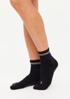 THE UPSIDE women's black Celestia Grip Sock is an anti slip grip sock perfect for pilates & yoga. Featuring a soft terry sole and embroidered lucky horseshoe & star.