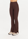 THE UPSIDE women's brown Peached Florence Flare is a high-rise full length flare pant with V waistband and a printed arrow logo on back waistband.