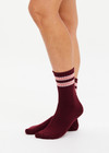THE UPSIDE women's burgundy Mendoza Crew Sock features jacquard stripes in cream and pink. Made for everyday.