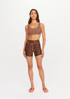 THE UPSIDE women's leopard Malawi 4inch Spin Short is mid-rise and features an elasticated drawcord, made from our recycled peached fabrication. Made for yoga & pilates.