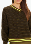 THE UPSIDE women's olive organic cotton Castilla Clementine Knit Crew is designed for a relaxed fit and features a high V neckline with lime-striped rib. Made for lifestyle.