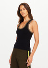 THE UPSIDE women's black organic cotton Paige Racerback Knit Tank is designed for a slim fit and features a low scoop neck with stripe rib on neckline and armholes. Made for lifestyle.