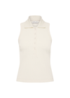THE UPSIDE women's cream Courtship Henri Collared Top is made in moisture wicking, rib performance fabric and features a ribbed collar and buttons on front neckline. Made for tennis, gold & pickleball.