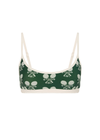 THE UPSIDE women's green Racquet Scoop Danni Bra features a contrast binded scoop neckline, adjustable straps and removable cups with a mini scallop trim at underbust. Made for tennis, golf & pickleball.