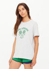 THE UPSIDE women's grey organic cotton jersey Racquet Casey Tee is a regular fit with a green printed racquet logo on front chest. Made for tennis, golf & pickleball.