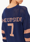 THE UPSIDE women's navy organic cotton Fenway Sebastian Crew offers a relaxed fit and features The Upside logo knit detail on back in tan. Made for lifestyle.