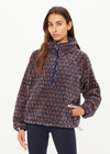 THE UPSIDE women's navy & camel Castilla Harlow Pullover is a relaxed pull over style fleece with raglan sleeves in our castilla "TU" design and features zip pockets, crafted from a recycled sherpa fabrication. Perfect for cooler weather.