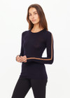THE UPSIDE women's black Merino Wool Long Sleeve Top is designed for a slim fit and features a crew neck with mocha stripe down sleeve. Made for lifestyle.