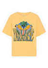 THE UPSIDE women's yellow organic cotton Paradise Jacob Tee is designed for an oversized fit and features a printed Paradise graphic on front. Made for everyday.