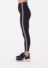 THE UPSIDE women's black recycled rib Rhythm 25inch Legging has a mid-rise fit and features cream and mocha binds along side seams. Made for yoga & pilates.