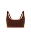 THE UPSIDE women's brown Montage Rory Scoop Knit Sports Bra features a scooped neckline with mid coverage and yellow side pannels. Made for yoga & pilates.